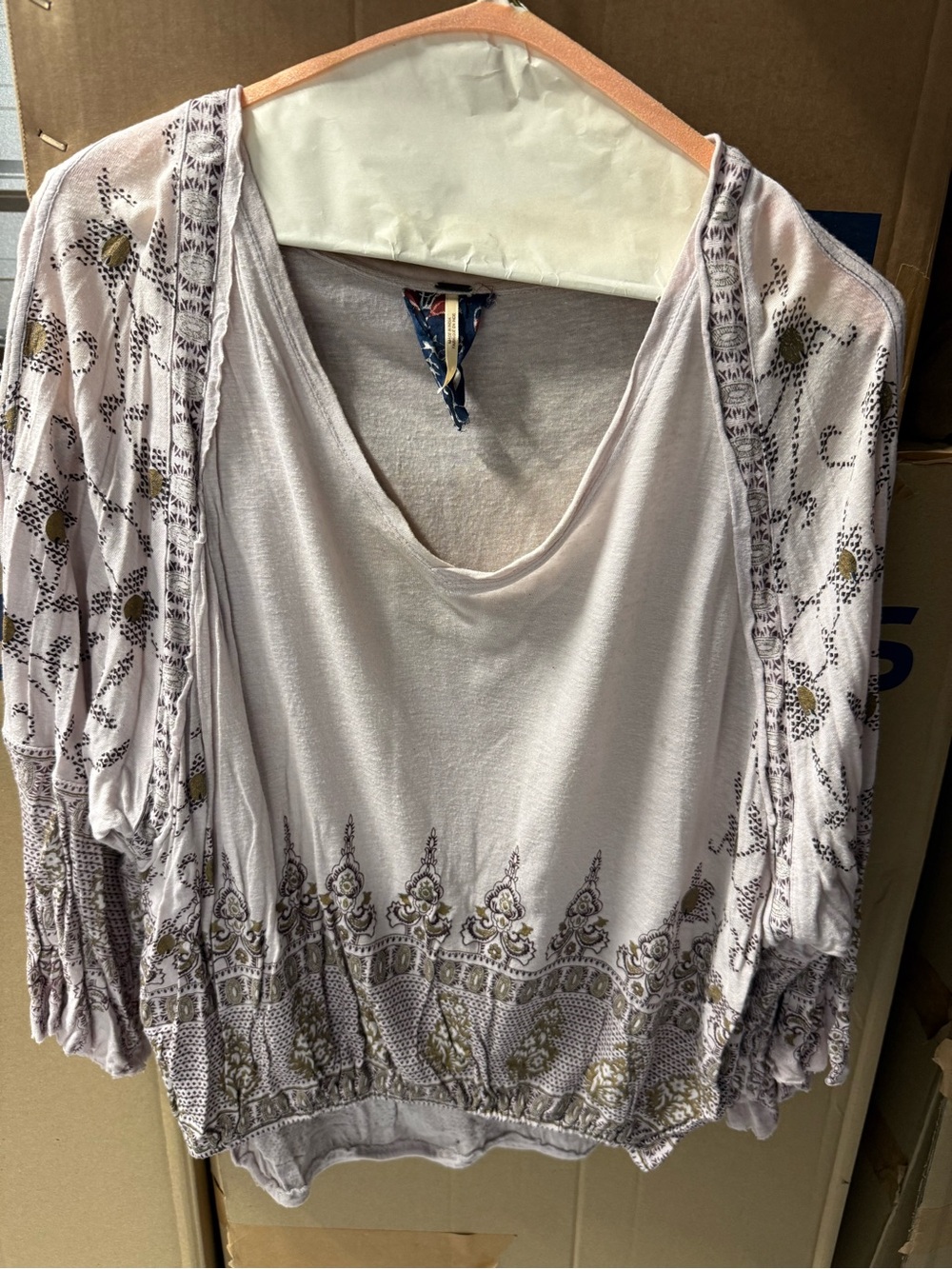 Free People Boho Embroidered Wide Neck Top - Light Pink/Gold S